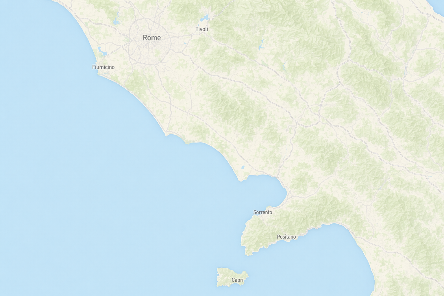 Map of the trip route from Rome to the Amalfi Coast and Capri